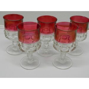 5 Vintage Indiana Glass Ruby Flashed Kings Crown Thumbprint Goblets 5 3/4” Tall